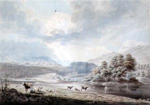 Lago entre colinas (caneta e tinta, aguarela e lavagem em papel) de Edward Dayes