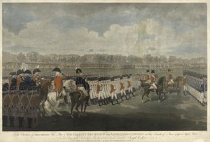 O Rei revendo a Associação Armada em Hyde Park, em 4 de junho de 1799, egravada por J. Collyer, 1801 (gravura colorida de stipple)