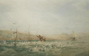 Pescadores que perseguem gaivotas das redes, Mumbles, Gales do Sul de Edward Duncan