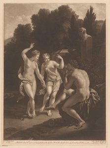 Homem a tocar flauta em frente de duas ninfas dançantes de Edward Fisher
