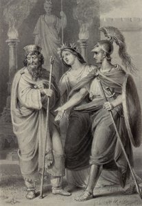 Guerreiro acompanhado por uma mulher dirigindo-se a um sacerdote nos arredores de um templo de Edward Francis Burney
