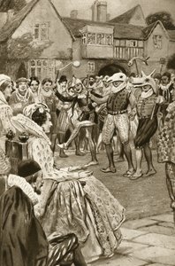 A rainha Ellizabeth I a ser entretida por bobos da corte (litografia)