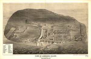  Não atraído à escala. LC Civil War Maps (2ª ed.), 320 Desenho em perspectiva mostrando fortificações, prisão, edifícios, e vegetação. Os edifícios principais são introduzidos por número a uma lista no canto inferior esquerdo. Descrição derivada da bibliog de Edward Gould