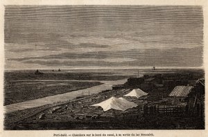 Port Said estaleiros navais, na beira do Canal do Suez, na sua saída do Lago Menzaleh, desenho de Grenet, para ilustrar uma excursão ao Canal do Suez, em 1862, por Paul Merruau. Gravura em "Le tour du monde", editado por Edouard Charton de Edward Grenet