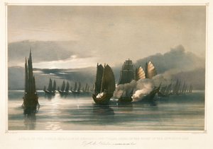 Ataque à esquadra pirata de Chuiapoo, ao largo de Tysami, China, 28 de setembro de 1849, meados do século XIX (litografia) de Edward Hodges Cree