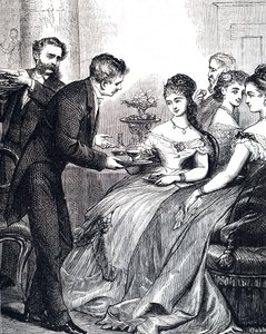 Gravura representando um cavalheiro entregando a uma senhora um prato de geleia durante um jantar