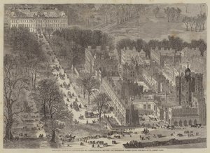 Visão panorâmica dos palácios de Buckingham e St. Jamess, mostrando a procissão passando adiante de Edward Hull