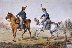 Oficiais do 10º e 18º Hussardos, publicados pela Acousticman&39;s Lithographic Press, 1819 (litografia colorida)