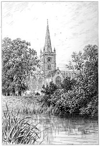 Igreja de Stratford como visto do rio, Stratford-upon-Avon, Warwickshire, 1885. de Edward Hull