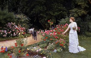 A Chegada 1878. Uma mulher elegante, com um vestido branco, apanha flores (rosas) num jardim. Perto dela vêm (arrivee) os cães que assinalam a chegada de uma pessoa. Pintura de Edward Killingworth Johnson (1825-1896 britânico). Pré-rafaelismo