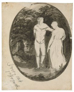 Um casal em uma paisagem arborizada em forma oval (verso), c. 1838-1848 (tinta e lavagem em papel vegetal) de Edward Lear