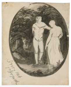 Um casal numa paisagem arborizada, numa forma oval de Edward Lear