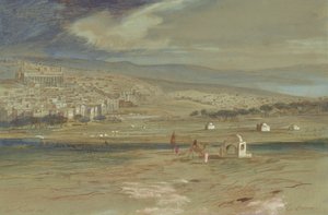 Vista da cidade de Hebron com camelos e figuras em primeiro plano de Edward Lear