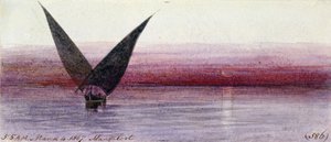 Um barco egípcio no Nilo, em Manfaloot (Egito). Desenho a aguarela colorida de Edward Lear
