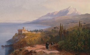 Monte Athos e o Mosteiro de Stavronikétes, 1857. de Edward Lear