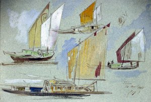Estudos de barcos venezianos, em plena navegação. Desenho a aguarela colorida, de Edward Lear (1812-1888). de Edward Lear