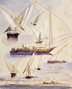 Estudos de vários barcos egípcios (incluindo dahabeeyahs e gyassis) perto de Deir KAdige (Egito) representados num trecho tranquilo e, no fundo da página, uma vista das margens do Nilo com uma mesquita de Edward Lear