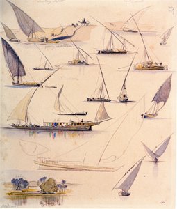 Estudos de vários barcos egípcios. Desenho a aguarela colorida de Edward Lear