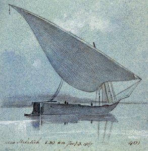 Estudo de um gyasi (barco egípcio) perto de Malatieh (ou Malatia, Egipto). Desenho a aguarela colorida de Edward Lear