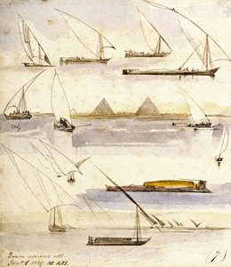 Estudo de vários barcos egípcios (Dahabeeyahs e Gyassis), com uma cena em frente às pirâmides de Gizé (Cairo) no meio da página de Edward Lear
