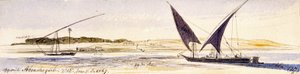 A extensão do Nilo e das suas margens, com dois barcos tradicionais egípcios, incluindo um Dahabeeya. Desenho a aguarela colorida de Edward Lear