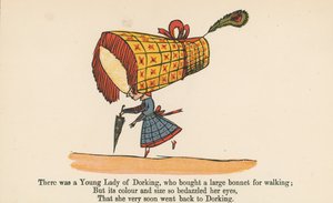 Havia uma jovem senhora de Dorking, que comprou um grande capô para caminhar, de "Um livro de bobagens", publicado por Frederick Warne and Co., Londres, c.1875