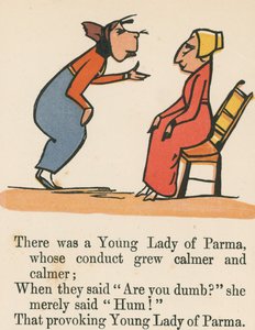 Havia uma jovem dama de Parma, cuja conduta se tornava mais calma e mais calma, de "Um livro sem sentido", publicado por Frederick Warne and Co., Londres, c.1875 de Edward Lear