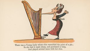 Havia uma jovem senhora cujo queixo se assemelhava à ponta de um alfinete, de "A Book of Nonsense", publicado por Frederick Warne and Co., Londres, c.1875