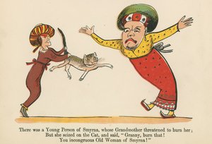 Havia um jovem de Esmirna, cuja avó ameaçou queimá-la, de "Um livro de tolices", publicado por Frederick Warne and Co., Londres, c.1875