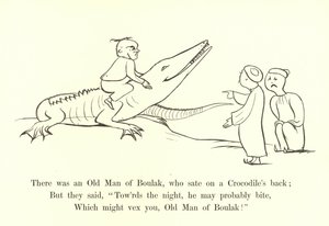 Havia um velho homem de Boulak, que estava sentado nas costas de um crocodilo de Edward Lear