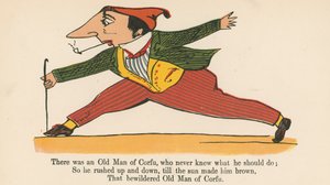 Havia um velho homem de Corfu, que nunca soube o que deveria fazer, de "Um livro do absurdo", publicado por Frederick Warne and Co., Londres, c.1875 de Edward Lear