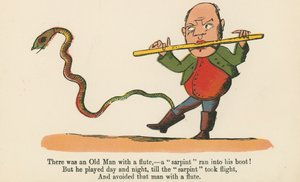 Havia um velho homem com uma flauta - um "sarpint" bateu em sua bota !, de "Um livro sem sentido", publicado por Frederick Warne and Co., Londres, c.1875 de Edward Lear