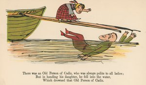 Havia um Velho de Cádis, que sempre foi educado com todas as senhoras de &39;Um livro de bobagens&39;, publicado por Frederick Warne and Co., Londres, c.1875 de Edward Lear