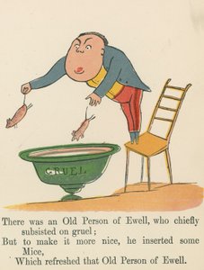 Havia uma pessoa idosa de Ewell, que subsistiu principalmente no mingau, de "Um livro do absurdo", publicado por Frederick Warne and Co., Londres, c.1875 de Edward Lear