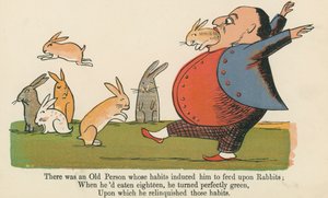 Havia um Velho cujos hábitos o induziram a se alimentar de Coelhos, de "Um Livro de Tolices", publicado por Frederick Warne and Co., Londres, c.1875