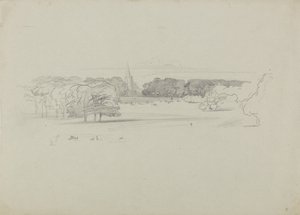 Vista de um prado em direção a uma igreja de Edward Lear