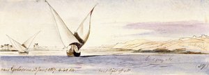 Vista do Nilo perto de Golosona (Egito), com um barco tradicional egípcio a navegar. Desenho a aguarela colorida de Edward Lear
