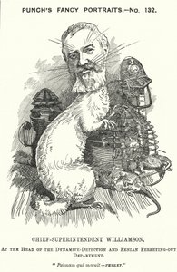 Soco cartoon: Adolphus Williamson, agente da polícia britânica e primeiro chefe do Departamento de Detetives da Polícia Metropolitana (gravura) de Edward Linley (after) Sambourne