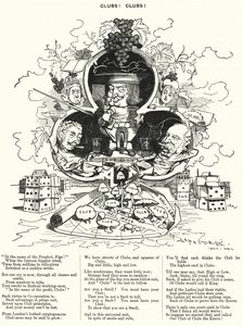 Soco cartoon: Clubes! Clubes! - a profusão de clubes de cavalheiros em Londres (gravura) de Edward Linley (after) Sambourne