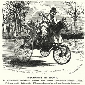 Soco cartoon: Mecânica no desporto. No 3. - Caçadores de Relógios Melhorados, com Patente Camb-Saddle Bumping Action (gravura) de Edward Linley (after) Sambourne