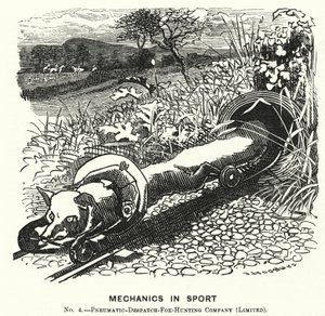 Soco cartoon: Mecânica no desporto. Não 4. - Pneumatic Despatch Fox Hunting Company (Limited) (gravura) de Edward Linley (after) Sambourne