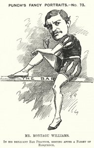 Soco cartoon: Montagu Williams, professor de inglês, soldado, actor, dramaturgo, advogado e magistrado (gravura)