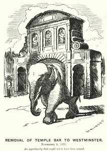 Soco cartoon: Remoção do Temple Bar para Westminster (gravura) de Edward Linley (after) Sambourne