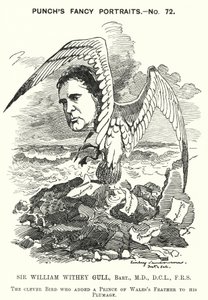 Soco cartoon: Sir William Withey Gull, médico inglês que tratou o Príncipe de Gales por febre tifóide e se tornou o Médico-Ordinário da Rainha Vitória (gravura) de Edward Linley (after) Sambourne