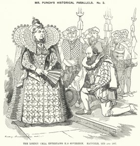 Soco cartoon: O Lordly Cecil Entertains His Sovereign, Hatfield... de Edward Linley (after) Sambourne