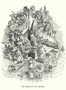 Soco cartoon: The Sirens of the Sea-Side - estâncias de férias costeiras britânicas (gravura) de Edward Linley (after) Sambourne