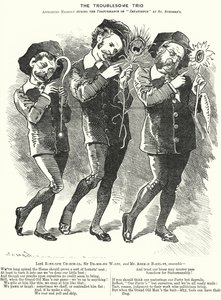 Soco cartoon: O Trio dos Problemas: Lord Randolph Churchill, Henry Drummond Wolff e Ellis Ashmead-Bartlett, políticos conservadores britânicos (gravura) de Edward Linley (after) Sambourne