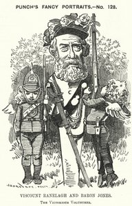 Soco cartoon: Thomas Heron Jones, 7° Visconde Ranelagh e Barão Jones de Navan, promotor do movimento de voluntários do Exército Britânico (gravura) de Edward Linley (after) Sambourne