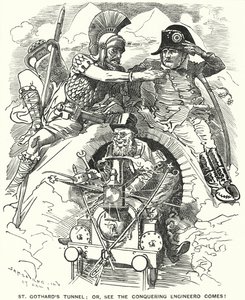 Punch cartoon: conclusão do túnel ferroviário de São Gotardo sob os Alpes (gravura) de Edward Linley (after) Sambourne