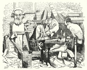 Punch cartoon: escritor a trabalhar no seu estudo (gravura)